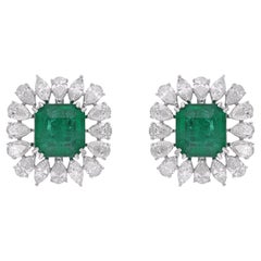 Zambian Emerald SI/H Diamond Halo Wedding Stud Earrings 14 Karat White Gold