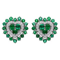 Zambian Emerald SI/H Diamond Heart Shape Stud Earrings 14 Karat White Gold