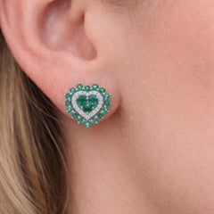 Zambian Emerald SI/H Diamond Heart Shape Stud Earrings 18 Karat White Gold