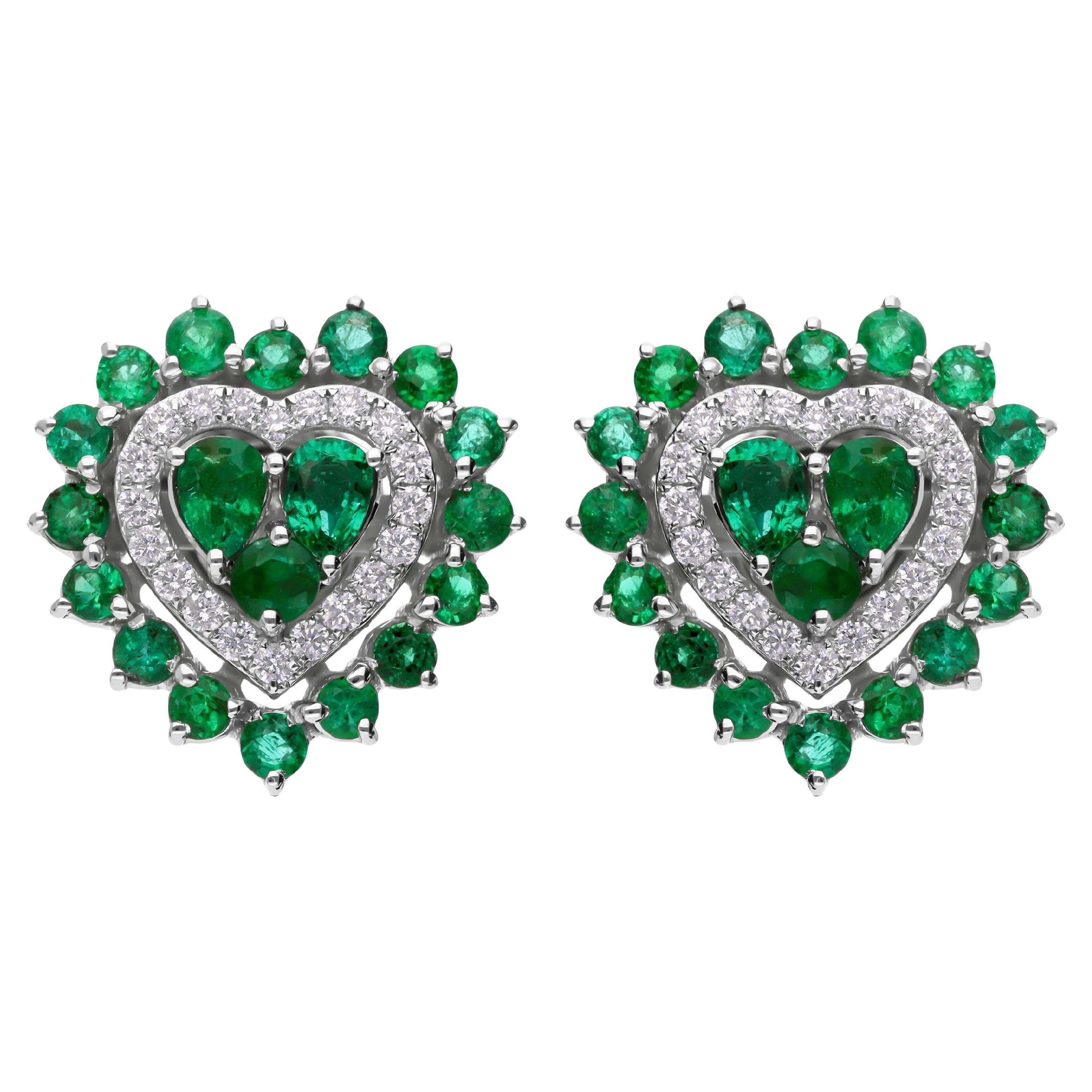 Zambian Emerald SI/H Diamond Heart Shape Stud Earrings 18 Karat White Gold
