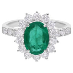 Esmeralda zambiana SI/H Diamante redondo Anillo de cóctel Joyas de oro blanco de 14 quilates