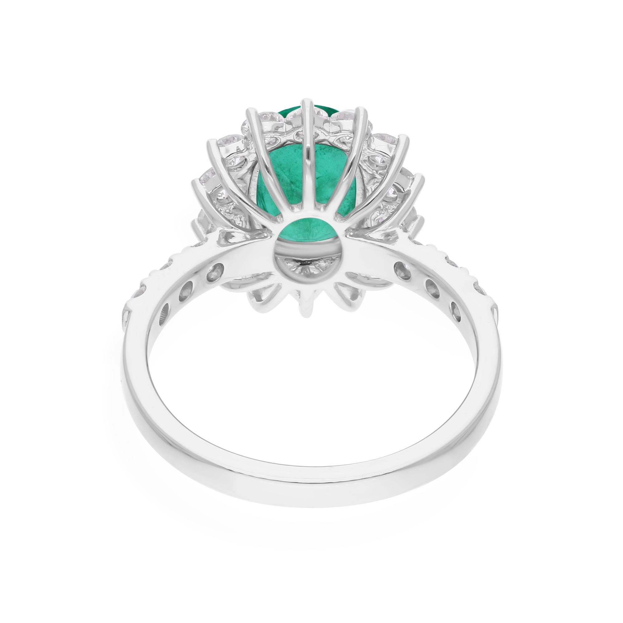 Modern Zambian Emerald SI/H Round Diamond Cocktail Ring 18 Karat White Gold Jewelry For Sale
