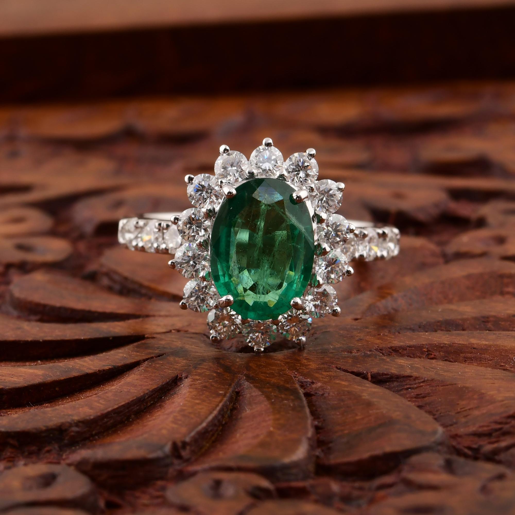 Oval Cut Zambian Emerald SI/H Round Diamond Cocktail Ring 18 Karat White Gold Jewelry For Sale