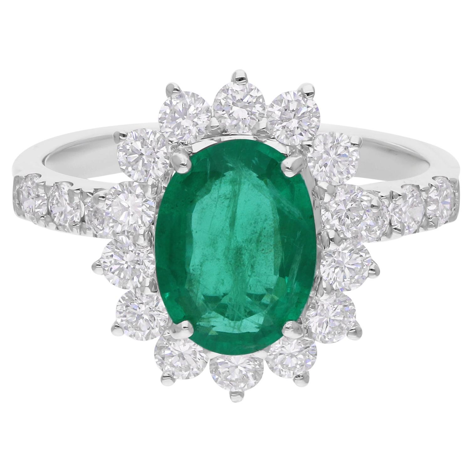 Zambian Emerald SI/H Round Diamond Cocktail Ring 18 Karat White Gold Jewelry