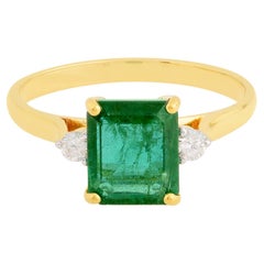 Zambian Emerald Diamond SI/HI Three Stone Engagement Ring 14k Solid Yellow Gold (bague de fiançailles à trois pierres en or jaune massif)