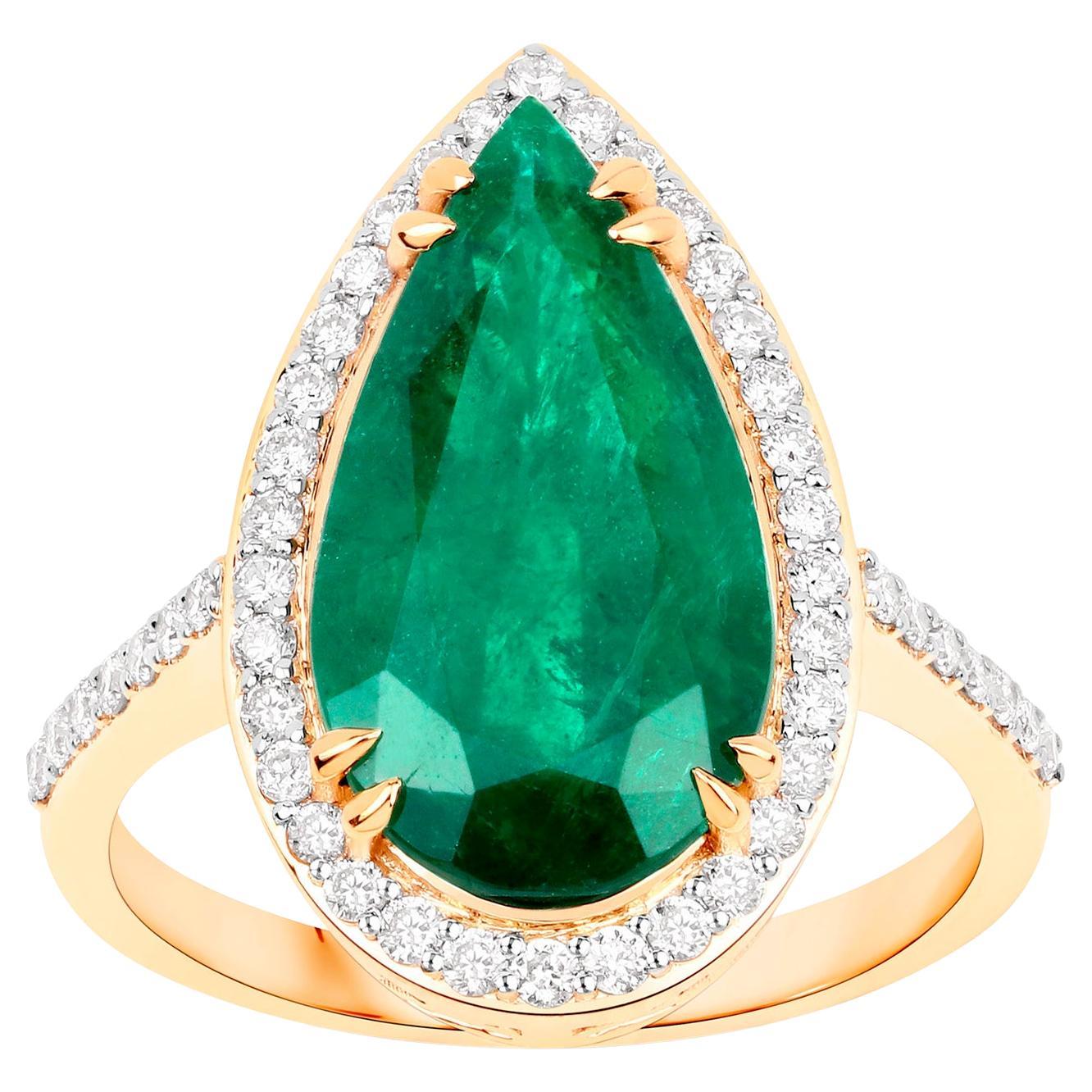 Zambian Emerald Statement Ring Set With Diamonds 5 Carats Total 14K Gold