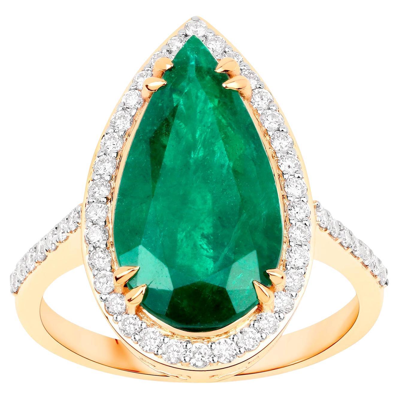 Zambian Emerald Statement Ring Set With Diamonds 5 Carats Total 14K Gold