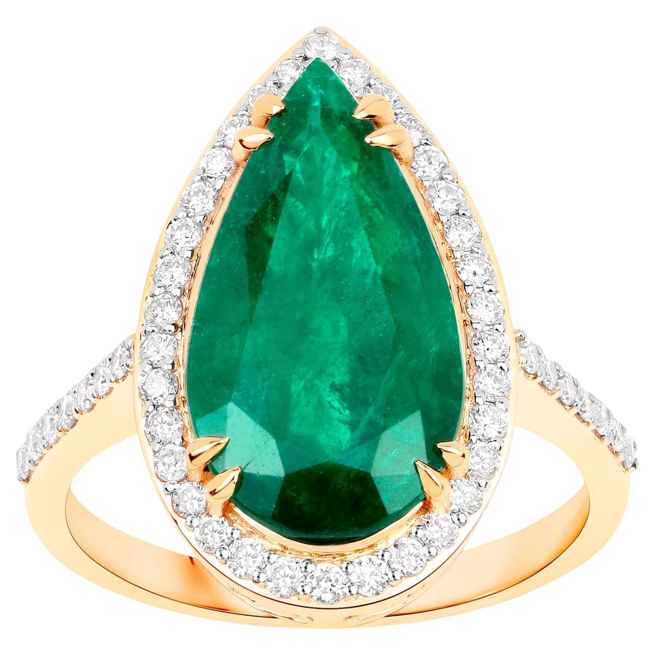 Zambian Emerald Statement Ring Set With Diamonds 5 Carats Total 14K Gold For Sale