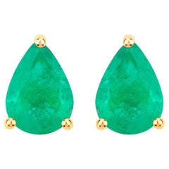 Zambian Emerald Stud Earrings 1.2 Carats 14K Yellow Gold