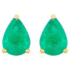 Zambian Emerald Stud Earrings 1.2 Carats 14K Yellow Gold