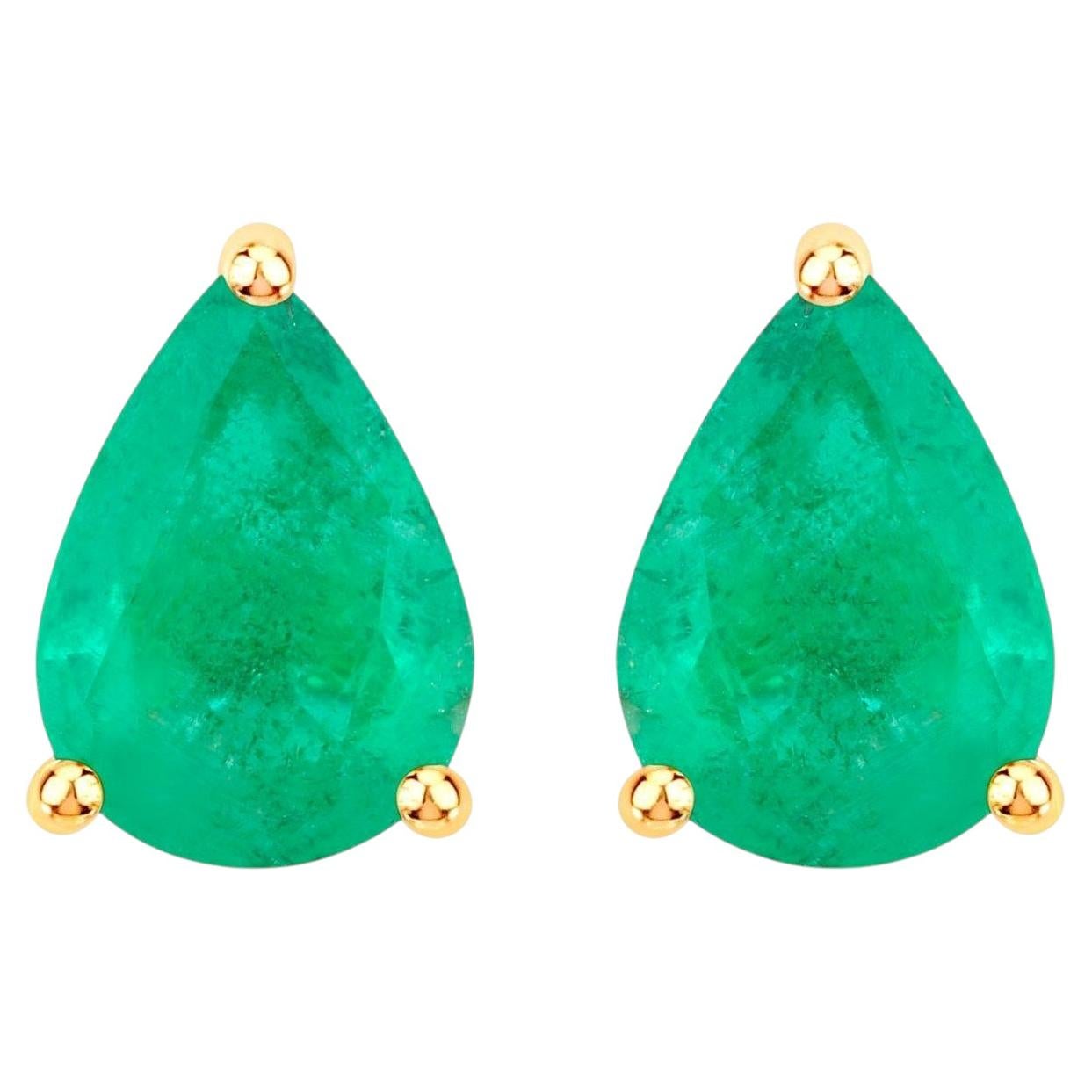 Zambian Emerald Stud Earrings 1.2 Carats 14K Yellow Gold