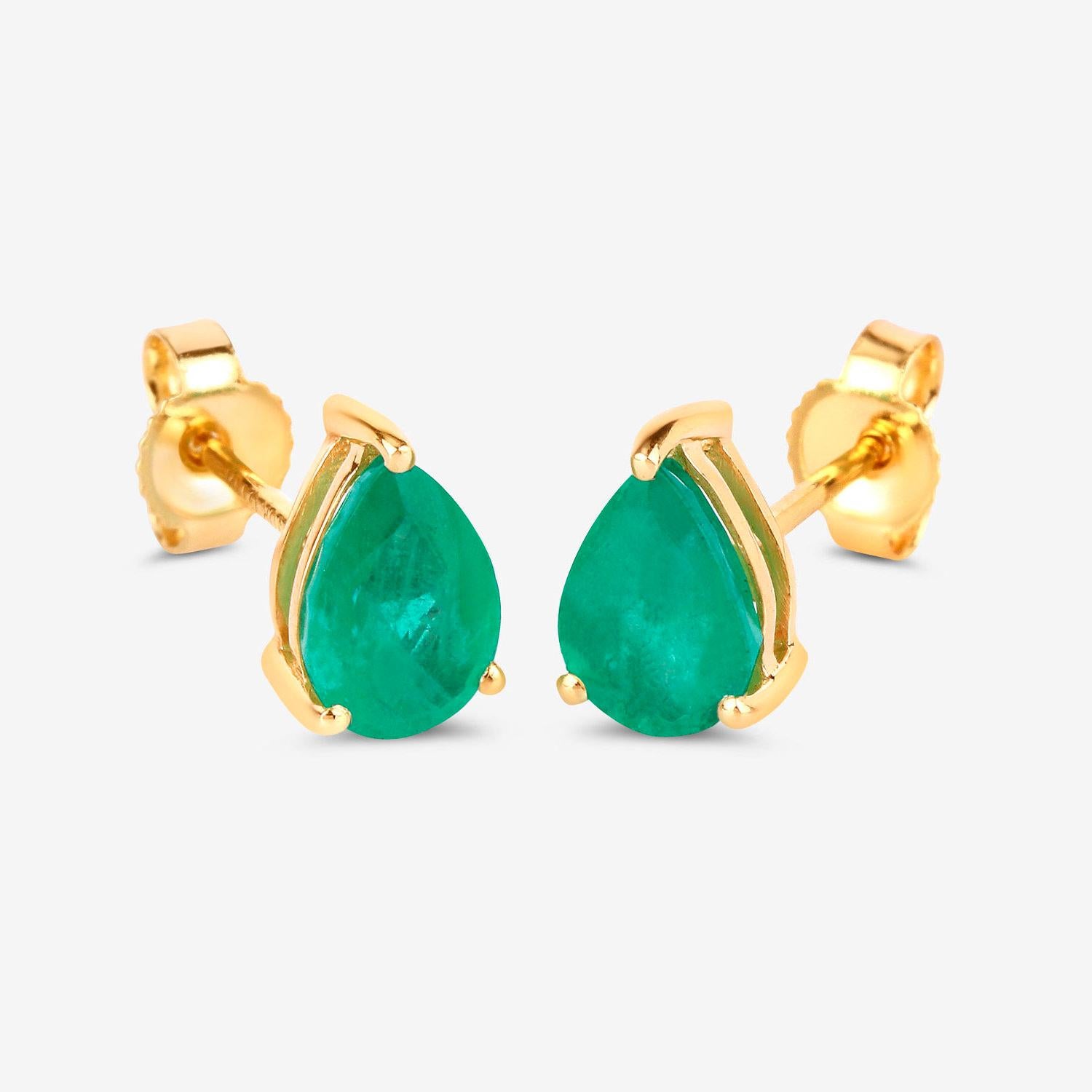 Taglio a goccia Zambian Emerald Stud Earrings 1.29 Carats 10K Yellow Gold in vendita