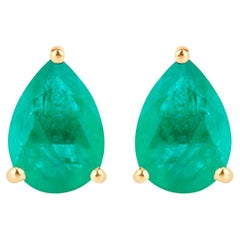 Zambian Emerald Stud Earrings 1.29 Carats 10K Yellow Gold