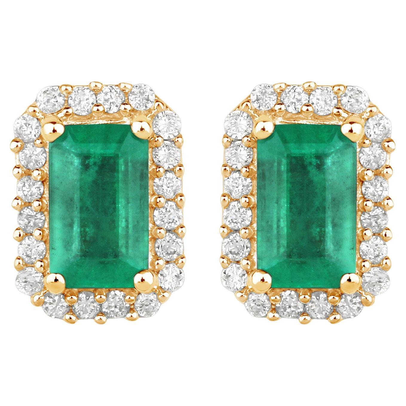 Sambische Smaragd Ohrstecker Diamant Halo 0,9 Karat 14K Gelbgold im Angebot