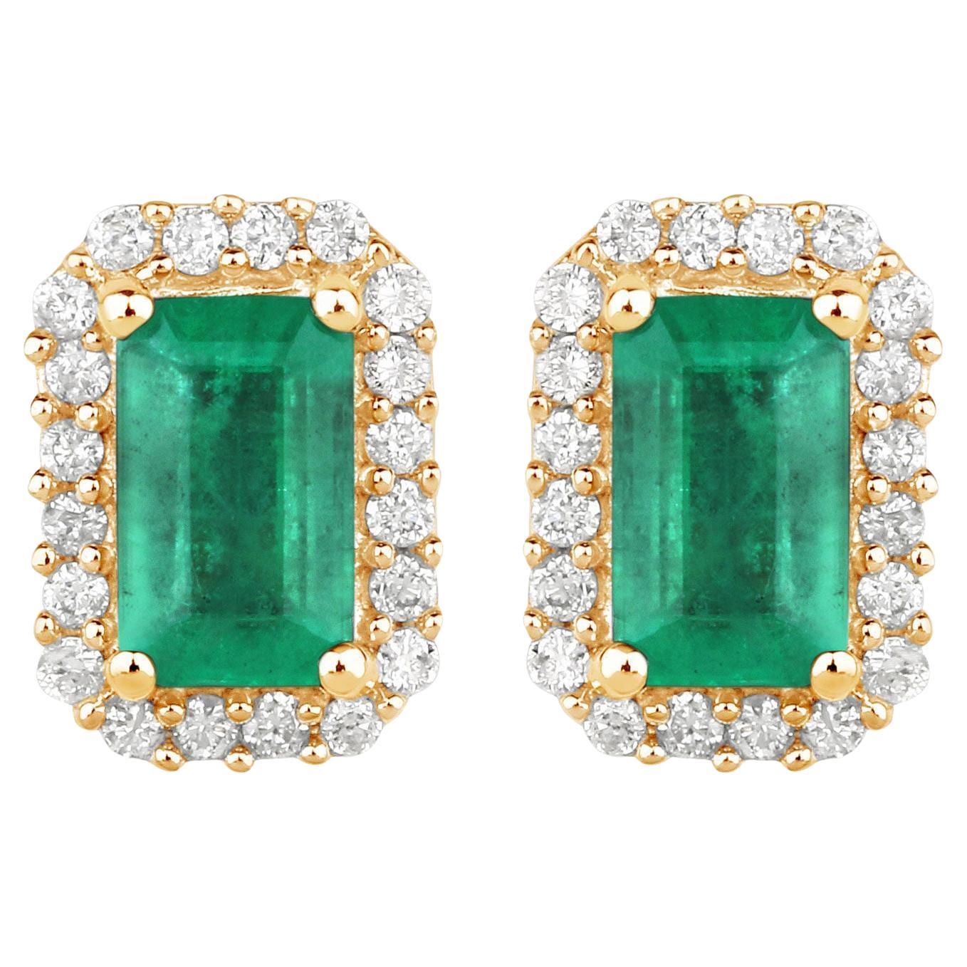 Zambian Emerald Stud Earrings Diamond Halo 0.9 Carats 14K Yellow Gold For Sale