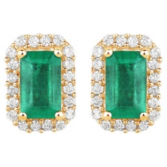 Zambian Emerald Stud Earrings Diamond Halo 0.9 Carats 14K Yellow Gold