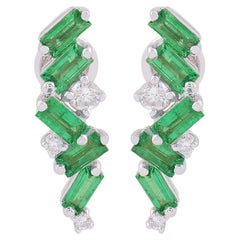 Natural Emerald Stud Earrings Diamond Solid 18k White Gold Handmade Fine Jewelry