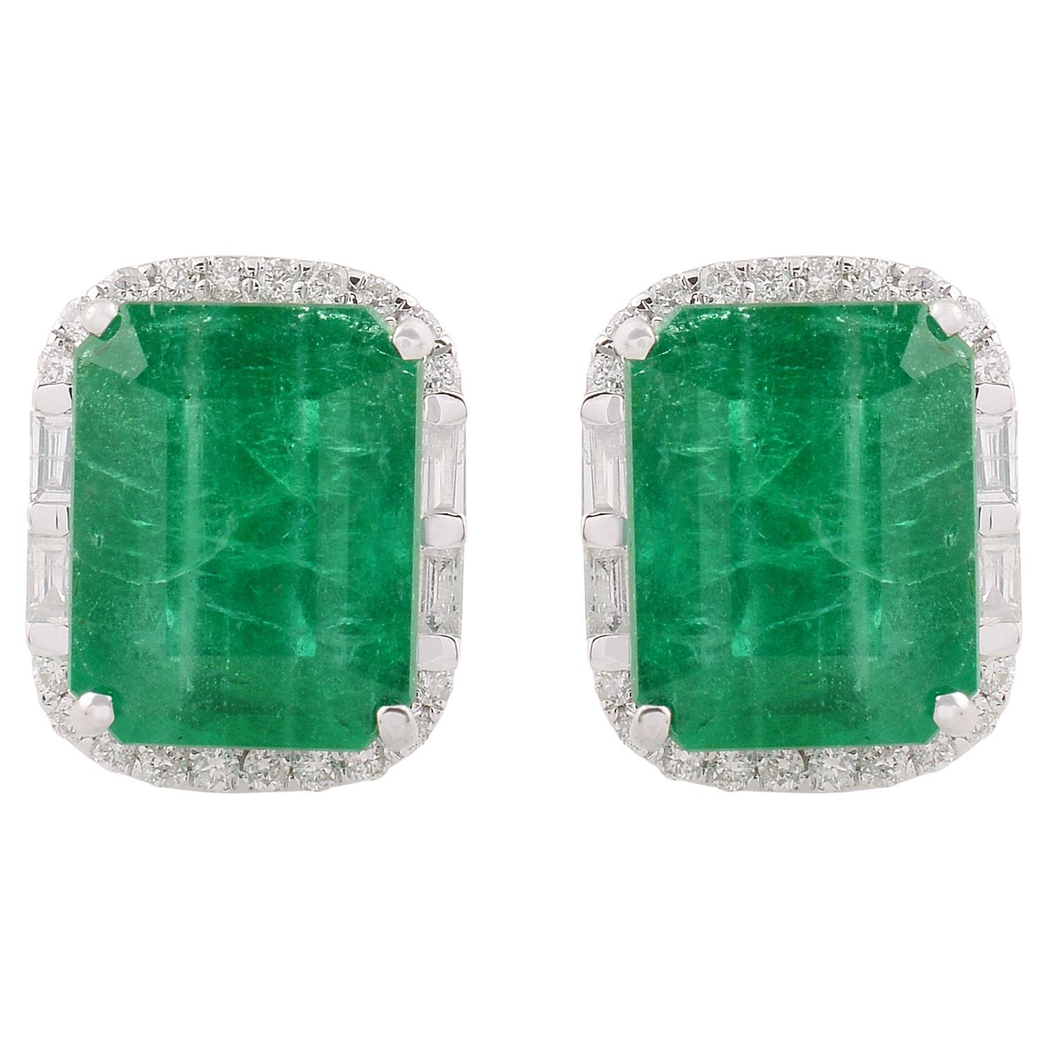 Zambian Emerald Stud Earrings SI Clarity HI Color Diamond 14k White Gold Jewelry For Sale