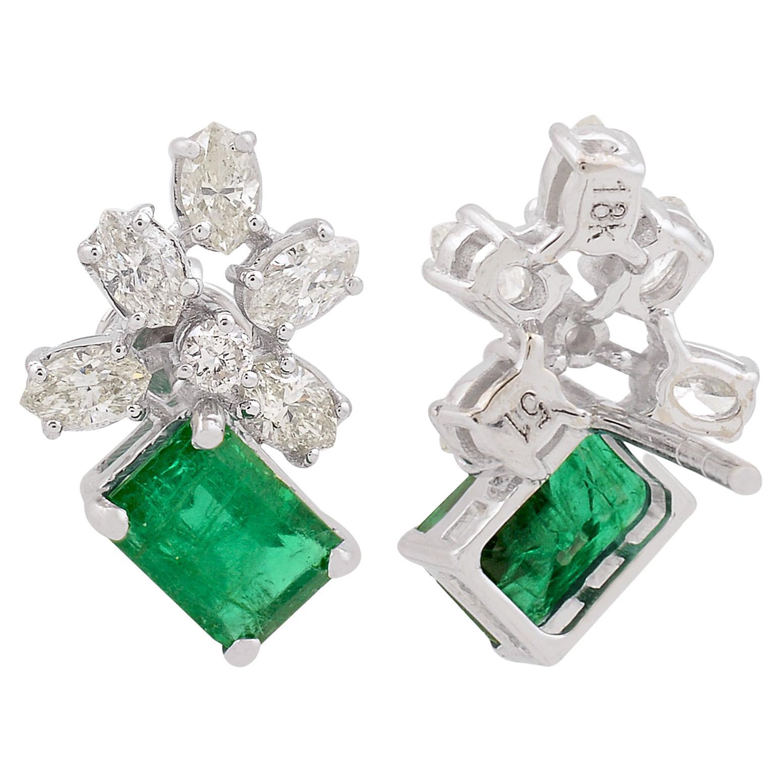 Natural Emerald Stud Earrings SI Clarity HI Color Diamond 18k White Gold Jewelry