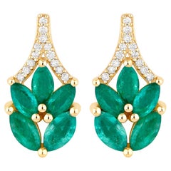 Zambian Emerald Stud Earrings White Diamonds 14K Yellow Gold