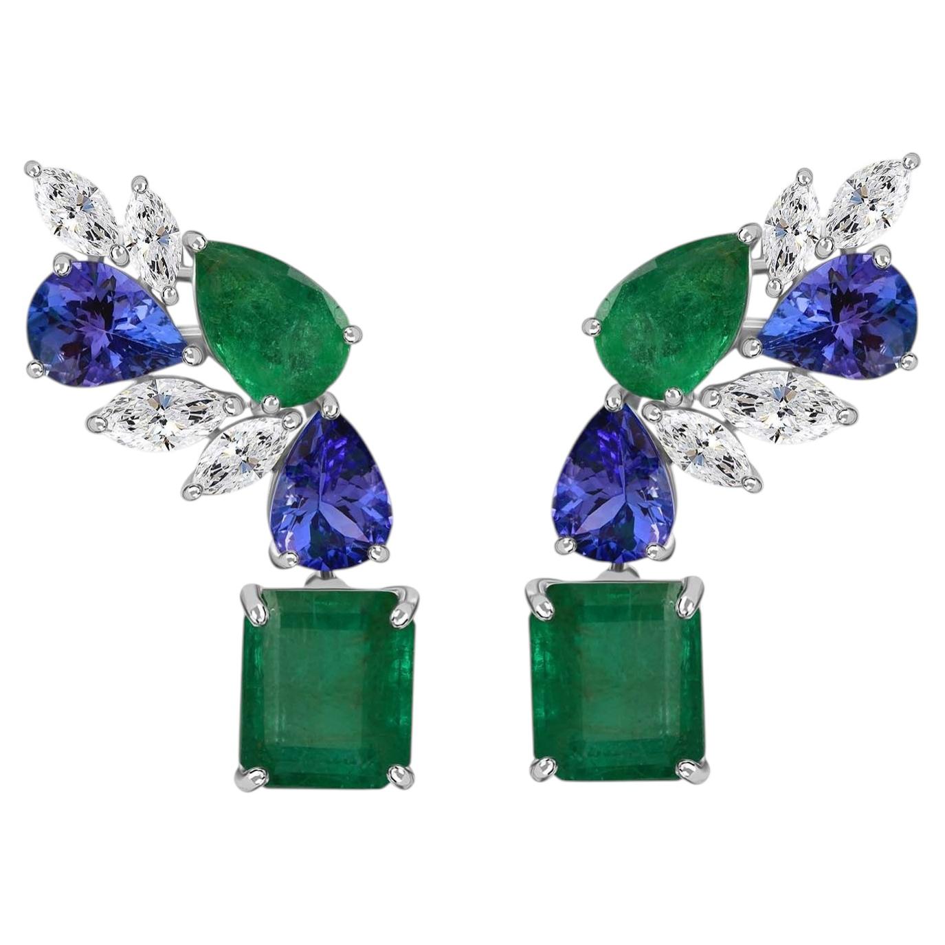 Zambian Emerald Tanzanite Diamond Statement Earrings in 18K Gold