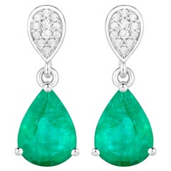 Zambian Emerald Teardrop Earrings Diamonds 2.2 Carats 14K White Gold