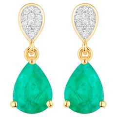 Zambian Emerald Teardrop Earrings Diamonds 2.2 Carats 14K Yellow Gold