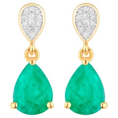 Zambian Emerald Teardrop Earrings Diamonds 2.2 Carats 14K Yellow Gold