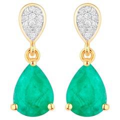 Zambian Emerald Teardrop Earrings Diamonds 2.2 Carats 14K Yellow Gold