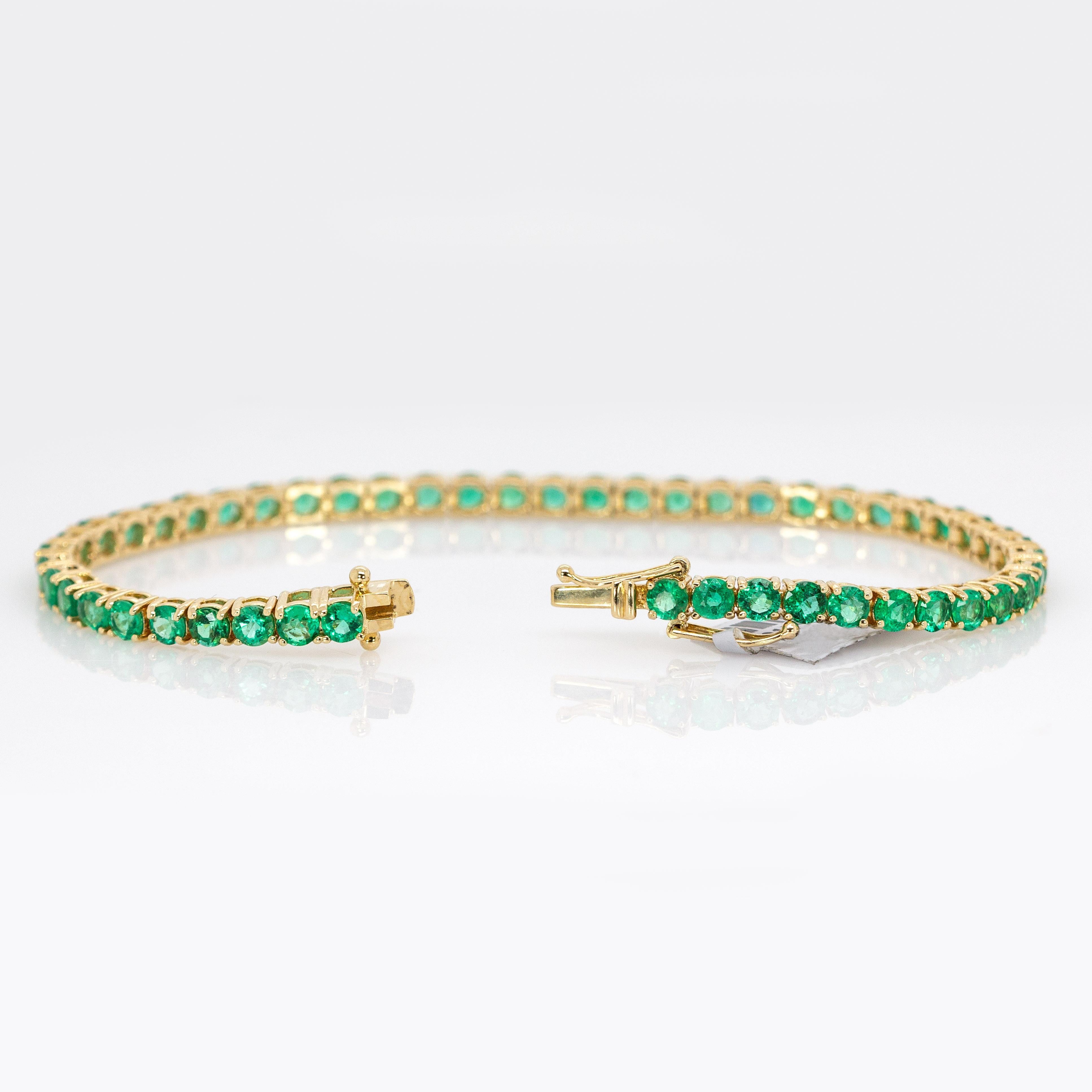Pulsera de Tenis Esmeralda de Zambia: Oro amarillo macizo de 14 quilates, cierre de caja, redonda de 3,4 mm Corte redondo en venta