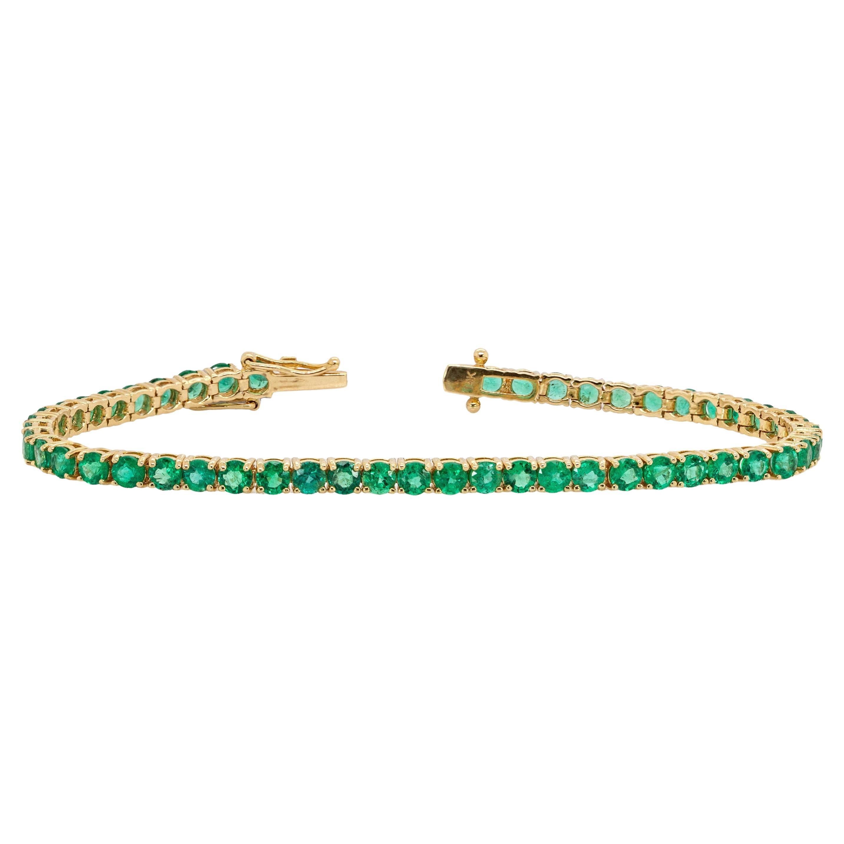 Pulsera de Tenis Esmeralda de Zambia: Oro amarillo macizo de 14 quilates, cierre de caja, redonda de 3,4 mm