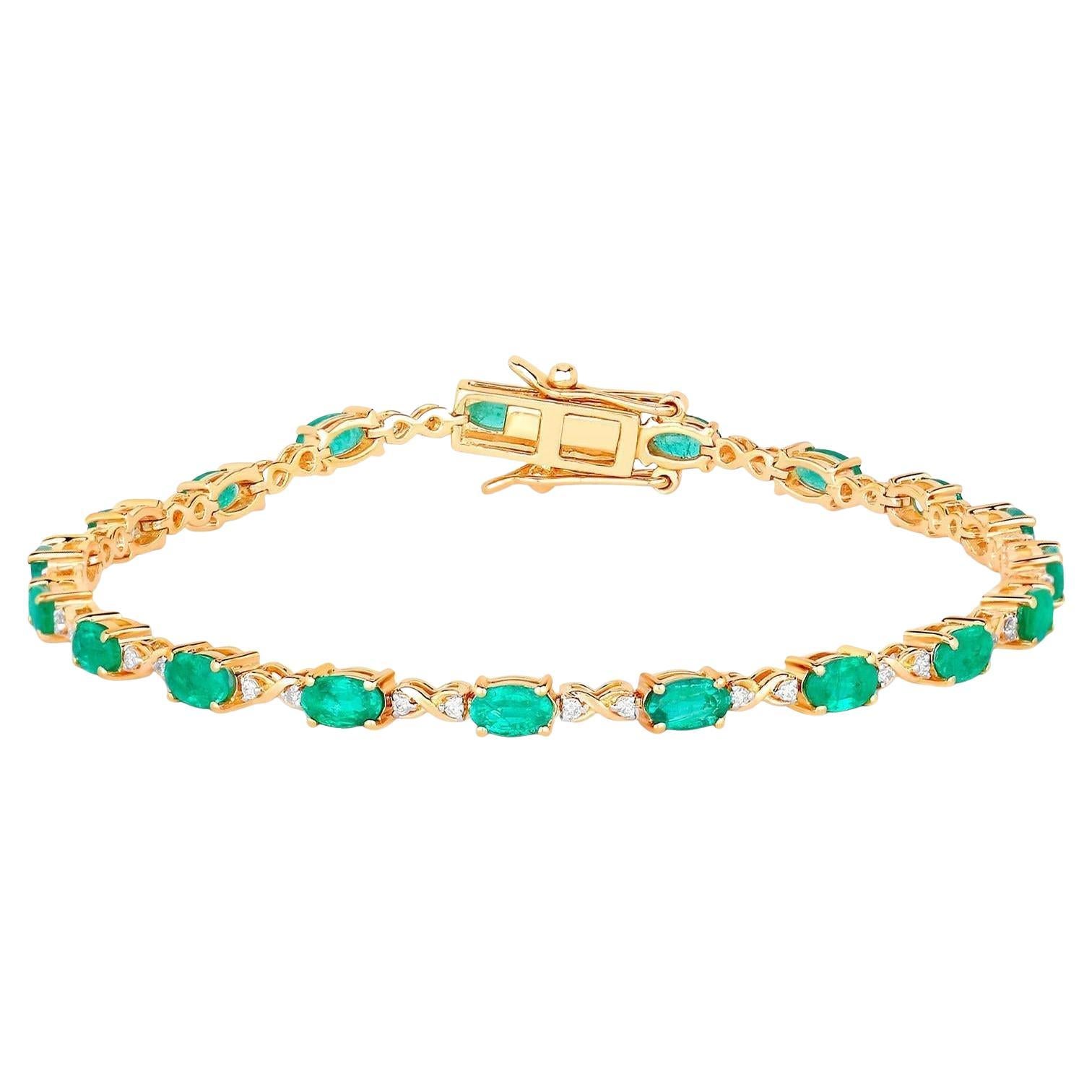 Bracelet Tennis Emeraude Zambienne Diamants 3.8 Carats Or Jaune 14K