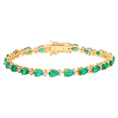 Bracelet Tennis Emeraude Zambienne Diamants 7.8 Carats Or Jaune 14K
