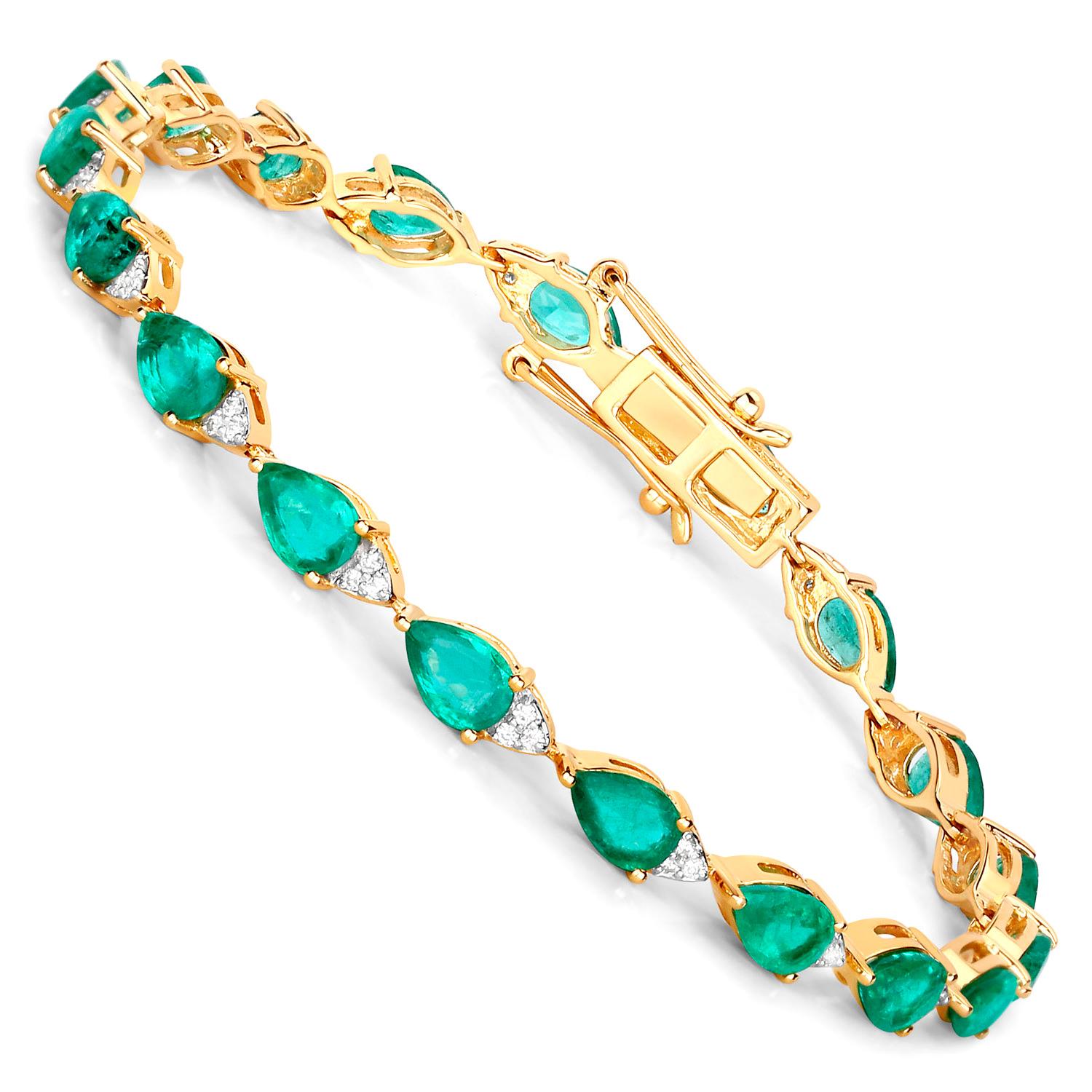 Contemporary Zambian Emerald Tennis Bracelet With Diamonds 6.91 Carats 18K Yellow Gold For Sale
