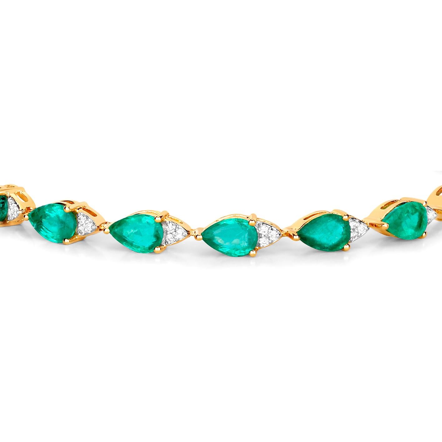 Pear Cut Zambian Emerald Tennis Bracelet With Diamonds 6.91 Carats 18K Yellow Gold For Sale