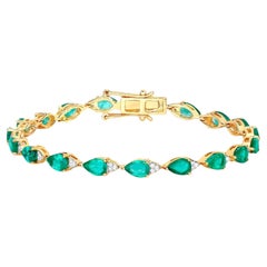 Zambian Emerald Tennis Bracelet With Diamonds 6.91 Carats 18K Yellow Gold