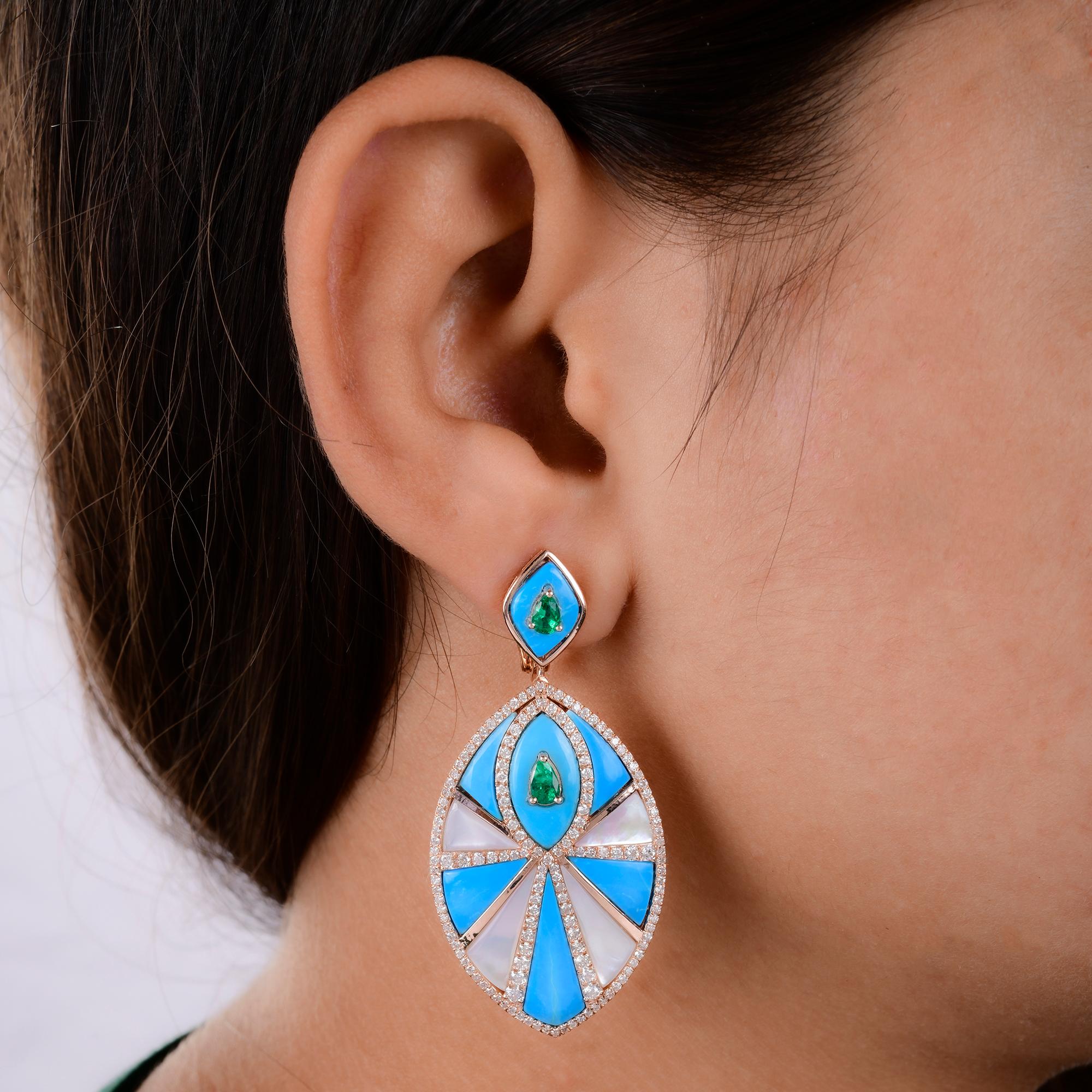 Modern Zambian Emerald Turquoise Diamond Dangle Fine Earrings MOP 14 Karat Rose Gold For Sale