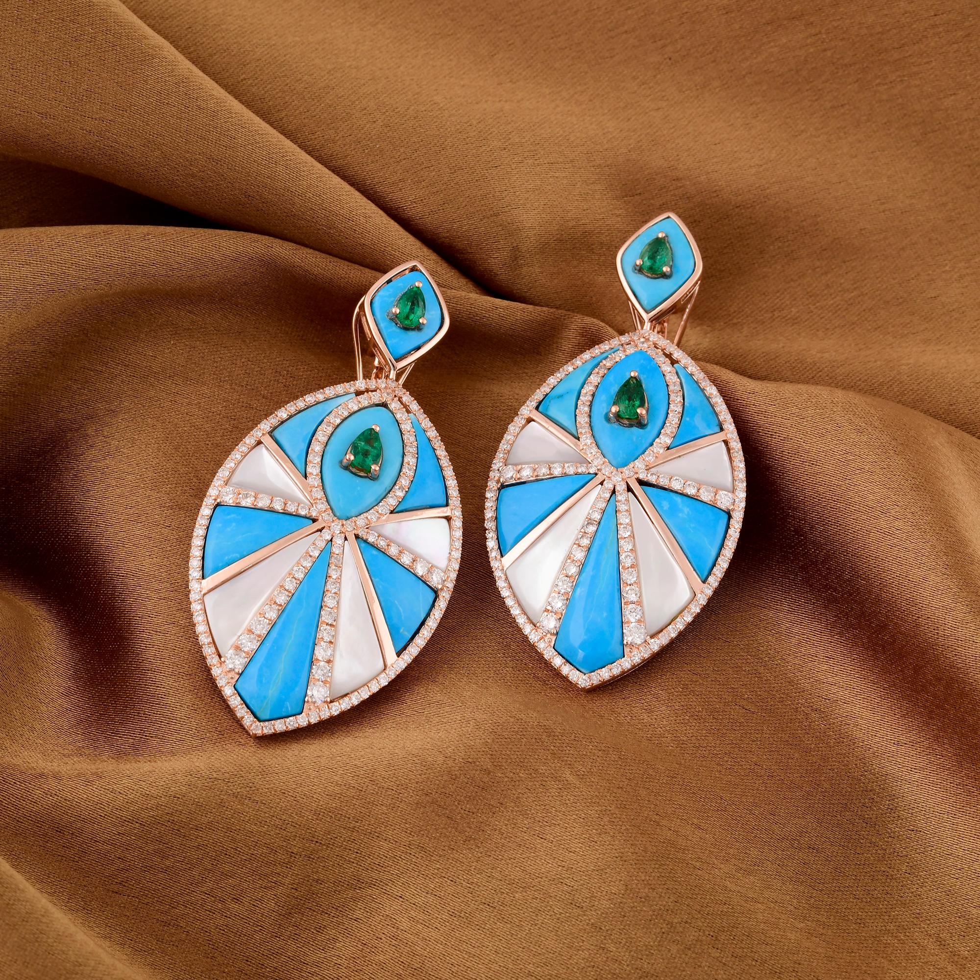 Pear Cut Zambian Emerald Turquoise Diamond Dangle Fine Earrings MOP 14 Karat Rose Gold For Sale