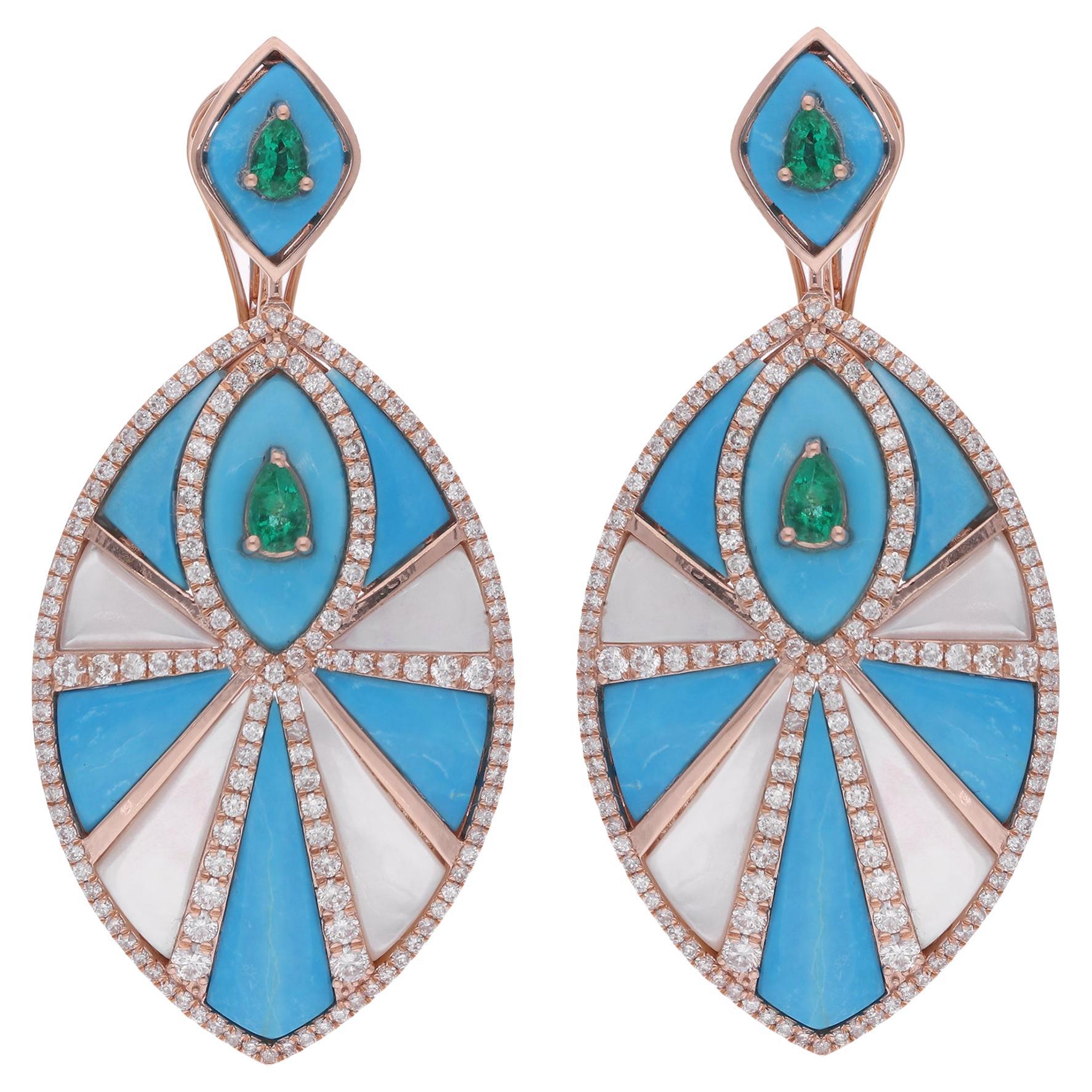 Zambian Emerald Turquoise Diamond Dangle Fine Earrings MOP 14 Karat Rose Gold For Sale