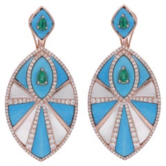 Boucles d'oreilles pendantes en or rose 14 carats avec émeraude zambienne, turquoise et diamant