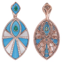 Zambian Emerald Turquoise Diamond Dangle Fine Earrings MOP 14 Karat Rose Gold
