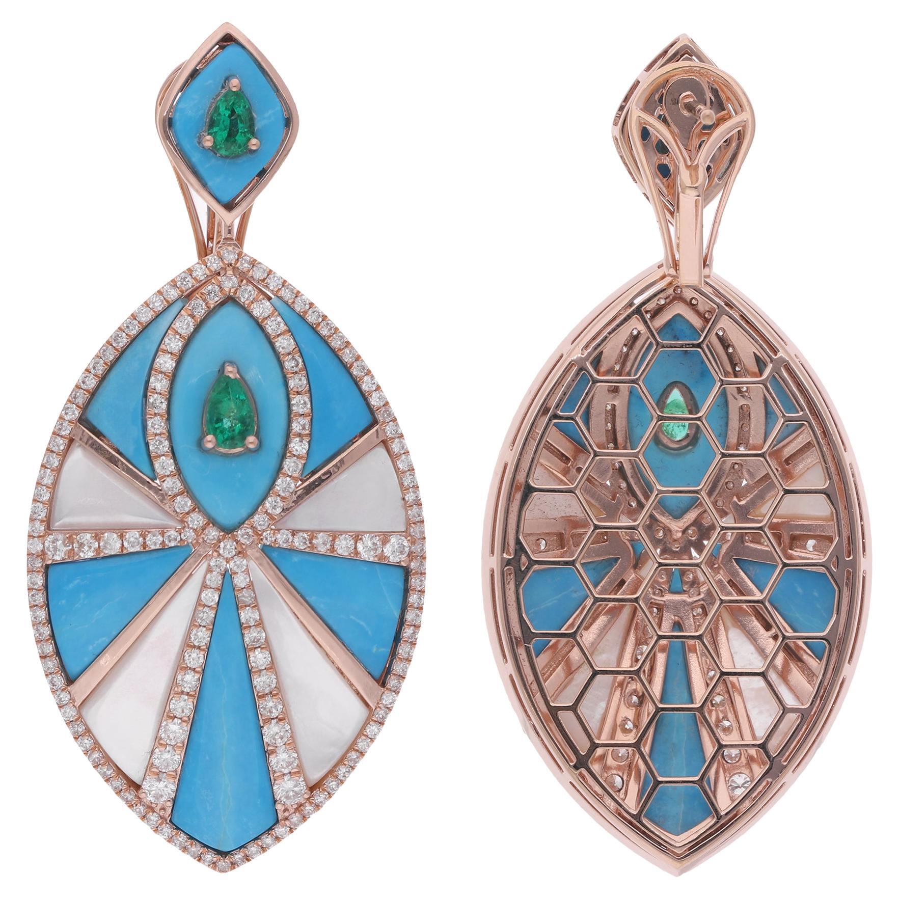Zambian Emerald Turquoise Diamond Dangle Fine Earrings MOP 18 Karat Rose Gold