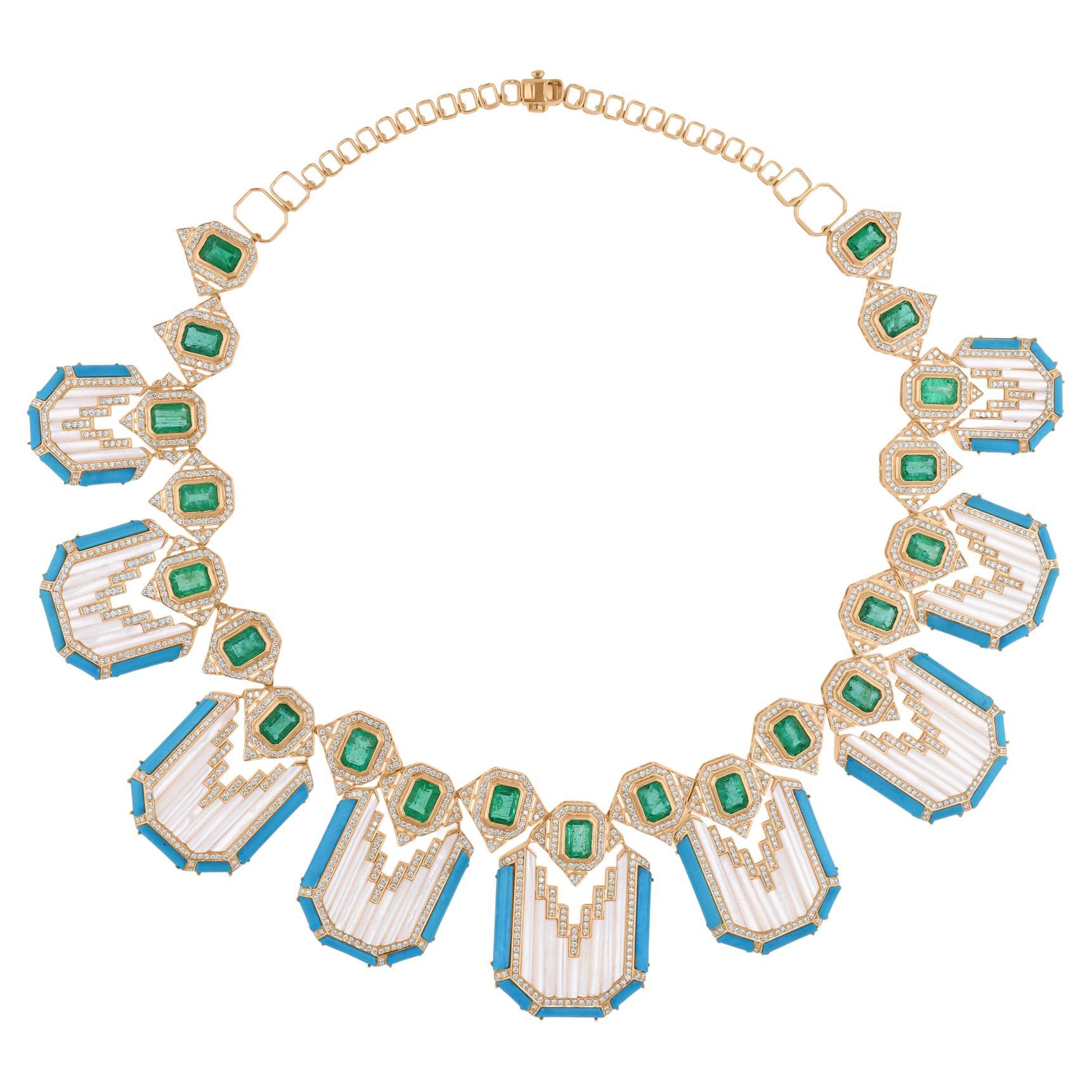 Zambian Emerald Turquoise Gemstone Pendant Diamond Necklace 14 Karat Yellow Gold