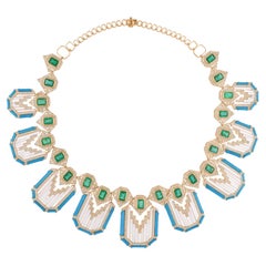 Zambian Emerald Turquoise Gemstone Pendant Diamond Necklace 14 Karat Yellow Gold