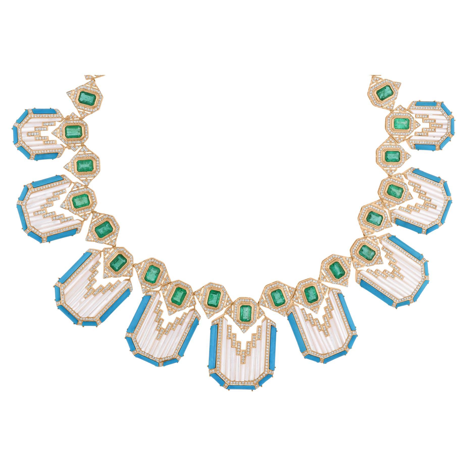 Zambian Emerald Turquoise Gemstone Pendant Diamond Necklace 14 Karat Yellow Gold