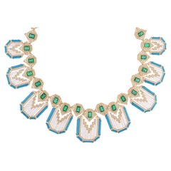 Zambian Emerald Turquoise Gemstone Pendant Diamond Necklace 14 Karat Yellow Gold