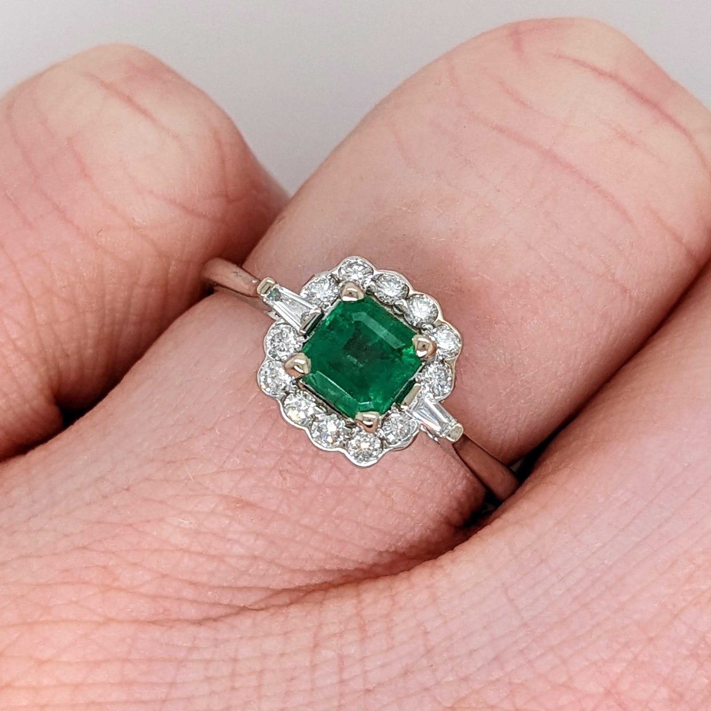 Zambian Emerald w Earth Mined Diamonds in Solid 14K White Gold EM 5mm For Sale 1