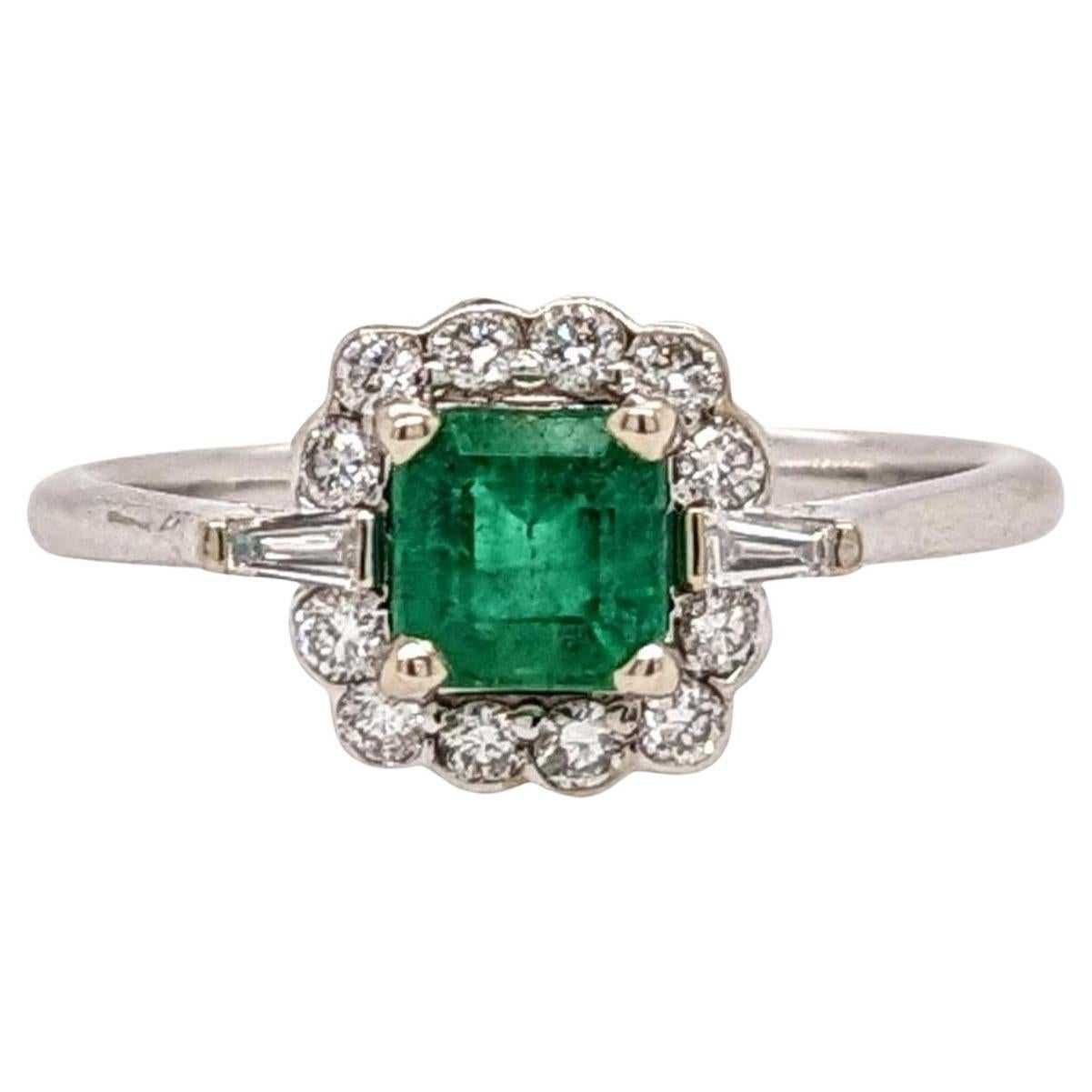 Zambian Emerald w Earth Mined Diamonds in Solid 14K White Gold EM 5mm For Sale