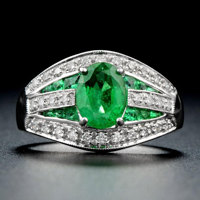 Zambian Emerald with Diamond Cocktail Ring in 18K White Gold 2