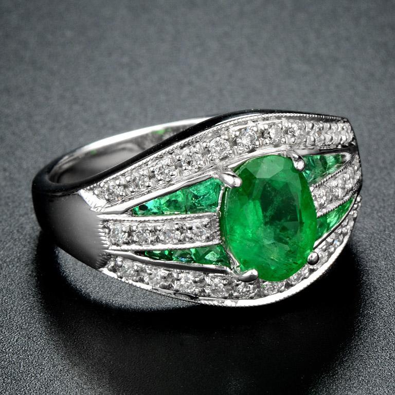 Zambian Emerald with Diamond Cocktail Ring in 18K White Gold 3